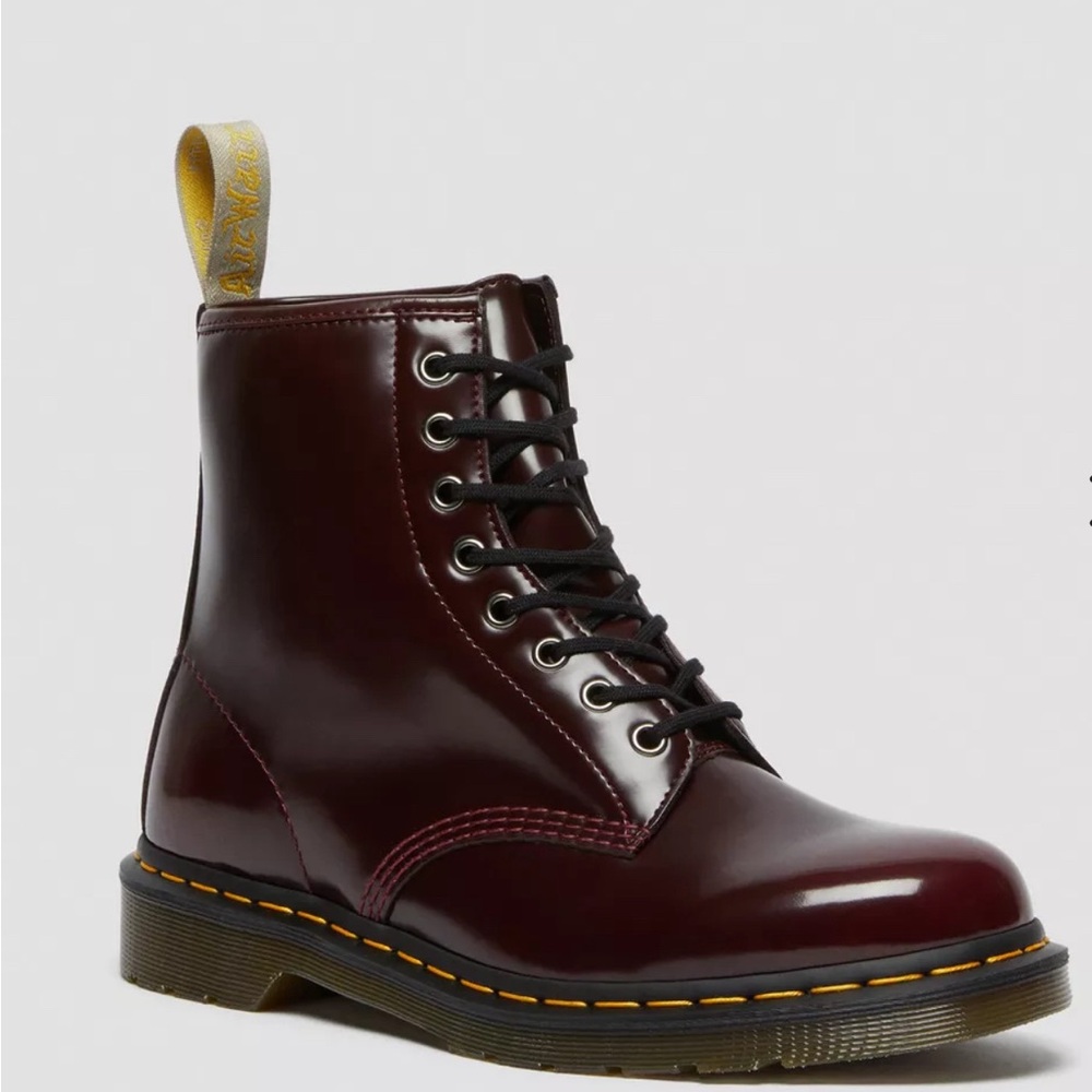 Doc Martens 
VEGAN 1460 LACE UP BOOTS Cherry Red — Oxford Rub Off
Size: 10US
